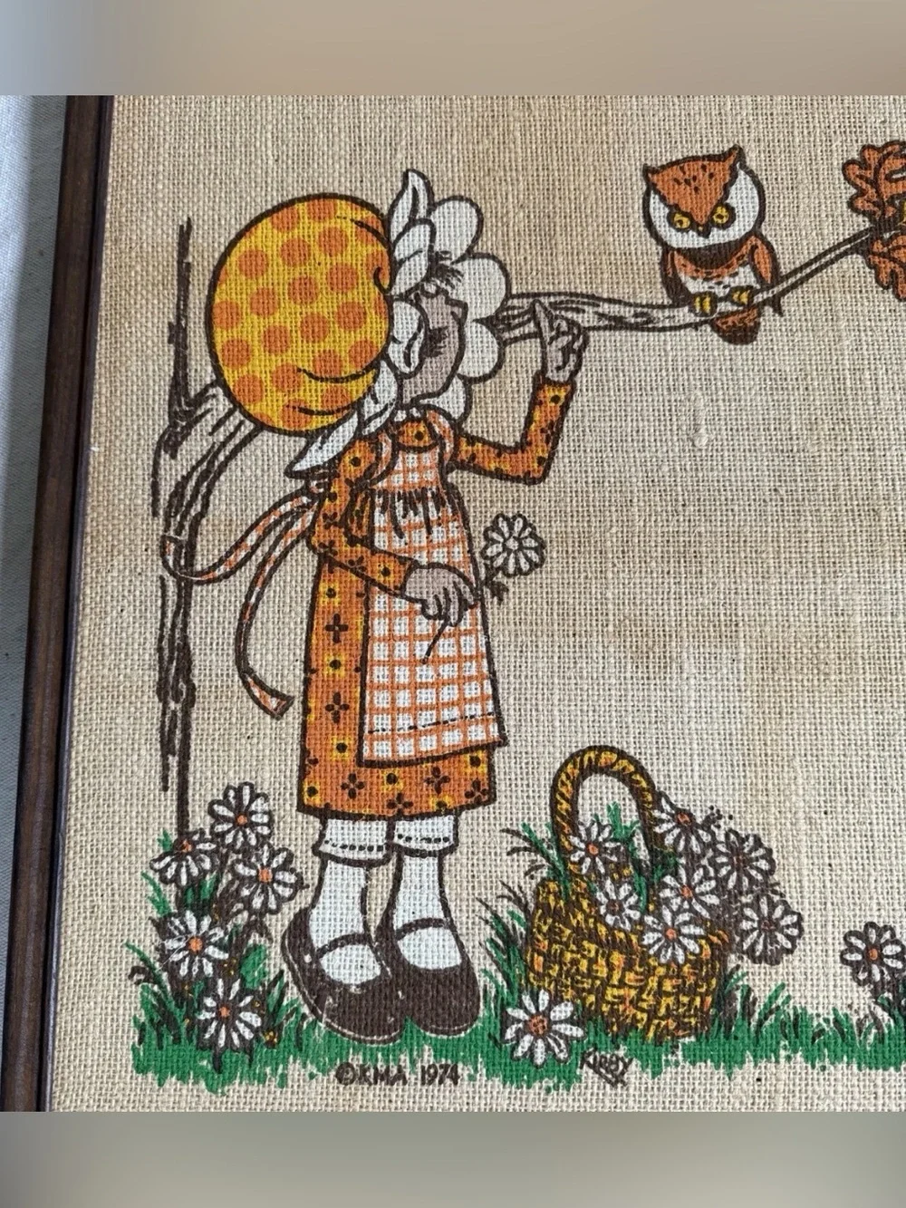 Vintage 1974 Daisy Burlap Bulletin Board 70s Cottagecore Hollie Hobbie MCM READ
